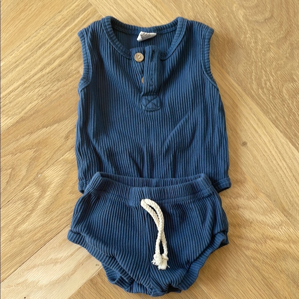 Blue and White Ribbed Matching Set with Stretchy Knit Fabric